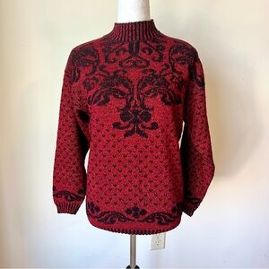 Vintage ADELE KNITWEAR Mock Neck Paisley and Heart Sweater—SZ. Large
